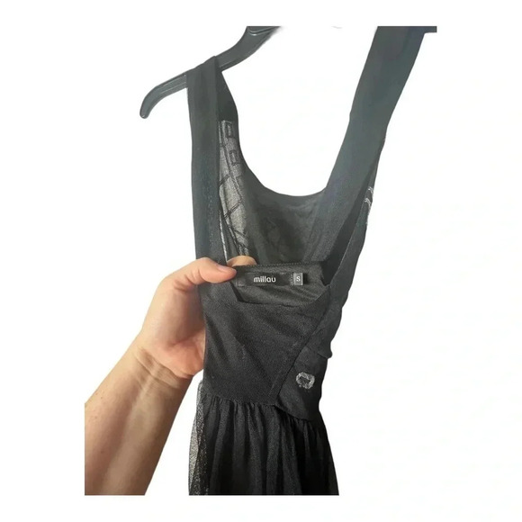 1412. MILLAU EMBROIDERED MESH MINI DRESS SIZE SMALL BLACK W/GRAY EMBROIDERY - Picture 9 of 9